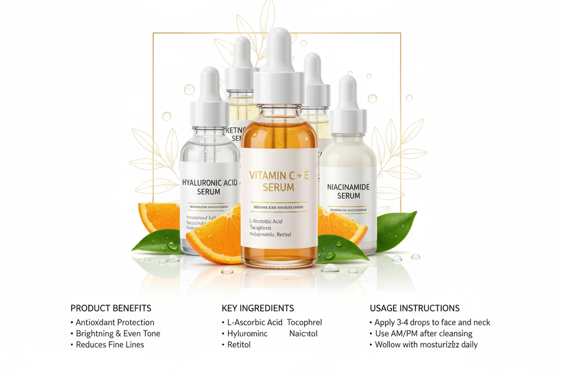 create template of vitamin c+e serum & ordinary serums with products mentioned